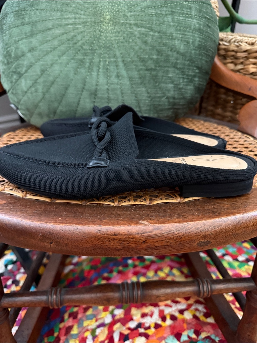 Joie Addison Black Knit Pointed Toe Rope Knot Vamp Loafer Mules Slides Shoe